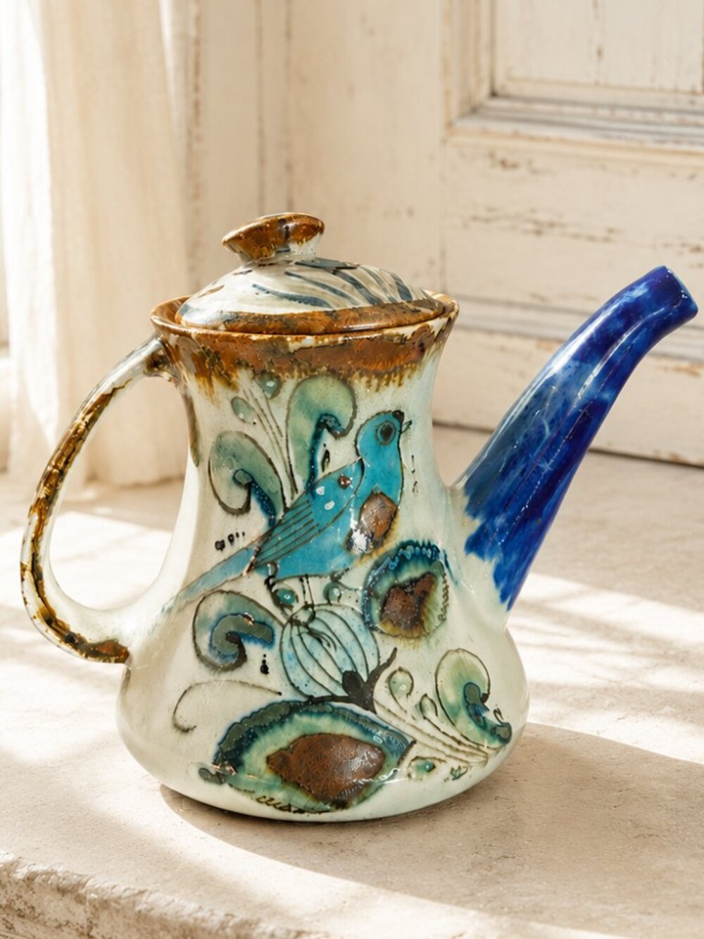Rare Vintage Ken Edwards Studio Tonala Pottery Hand Painted Bird Teapot